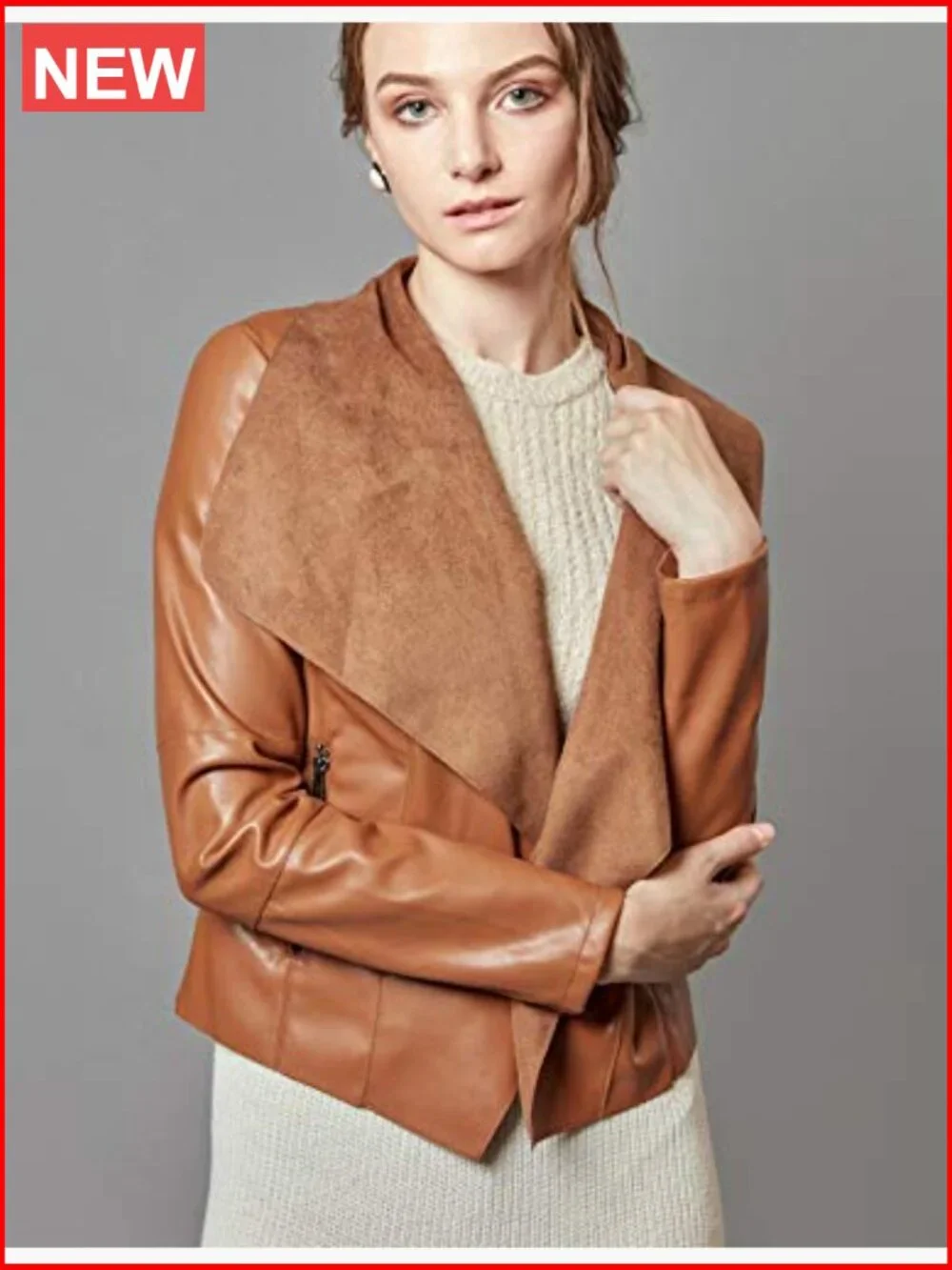 Faux Leather Jacket Slim Open Front Lapel Blazer - Picture 3 of 7